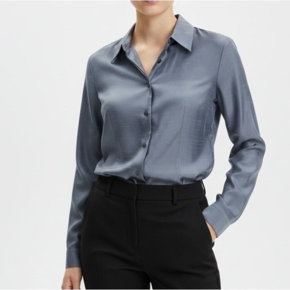 Ann Taylor 100% Silk Shantung Long Sleeve Blouse Size 4 Blue Shirt Dressy